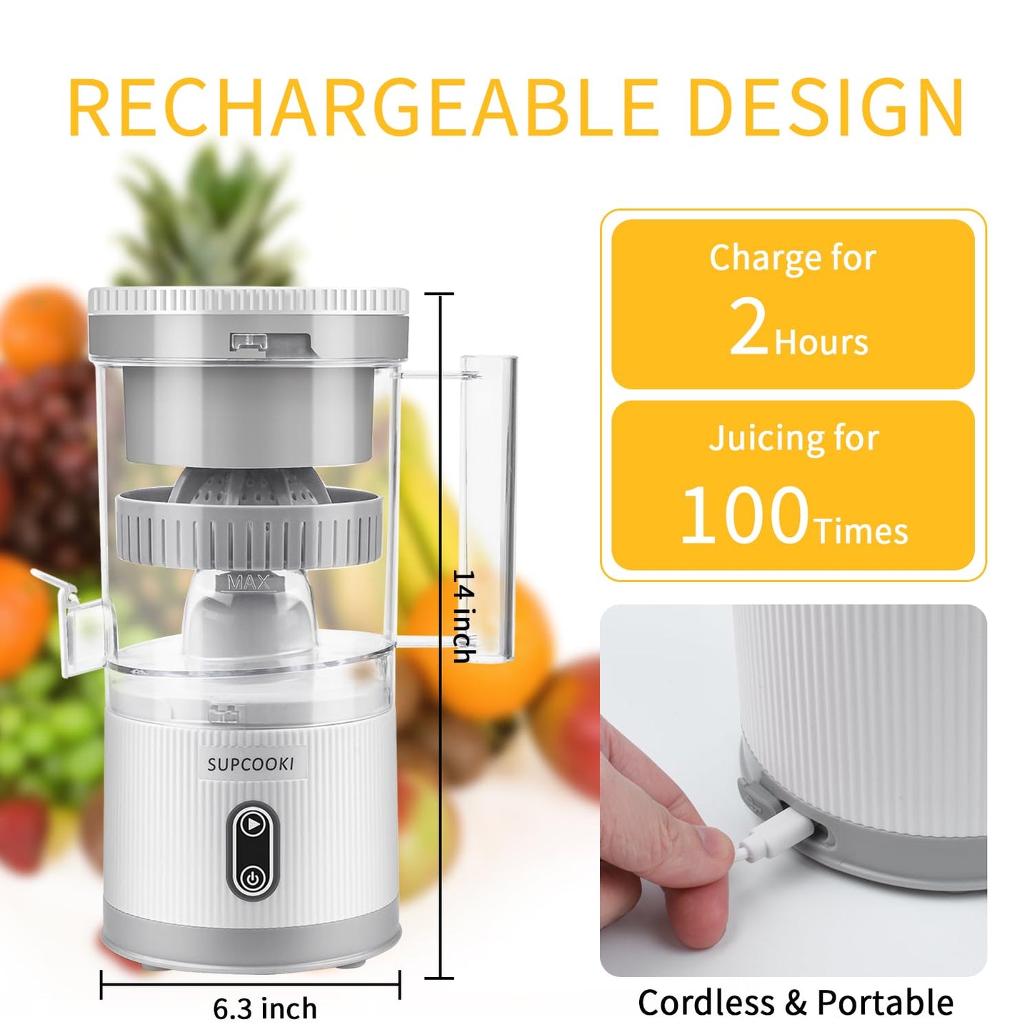 Electric Citrus Juicer, Rechargeable with USB Cable